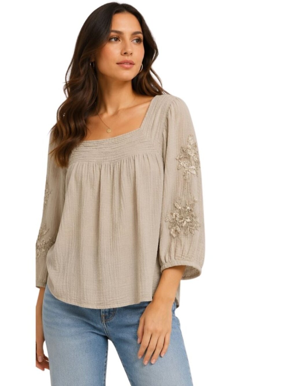 JM Collection Cream Embroidered Gauze Peasant Blouse Square Neck Boho Top XL